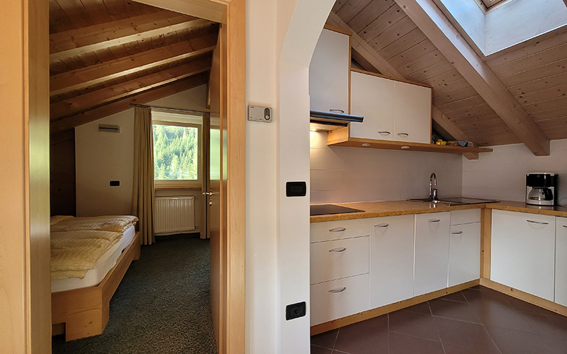 Entrance to the ground floor apartment at Chalet Royal in Arabba, with a wooden door and window.