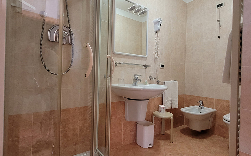 Modern and functional bathroom of an Alpenroyal apartment in Arabba, with shower, sink, bidet, and hairdryer.