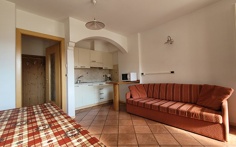 Alpenroyal apartment in Arabba: living room with an orange sofa bed, equipped kitchenette, and wooden door.