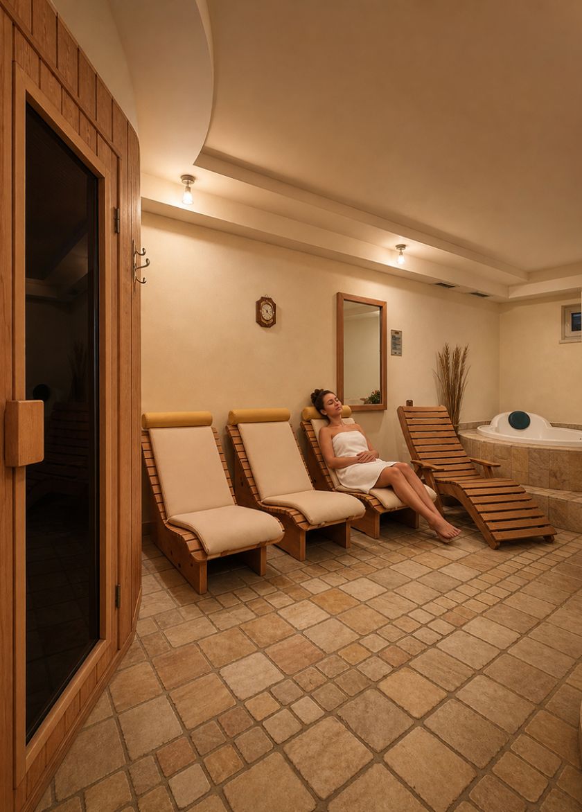 Ein entspannender Wellnessbereich im Garni Royal in Arabba, mit Holzsauna, Liegen und Whirlpool.