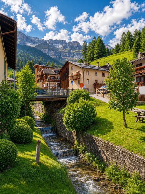 Chalet Royal in Arabba im Sommer: ein Bach mit Wasserfällen, traditionelle Häuser und die Dolomiten unter blauem Himmel.