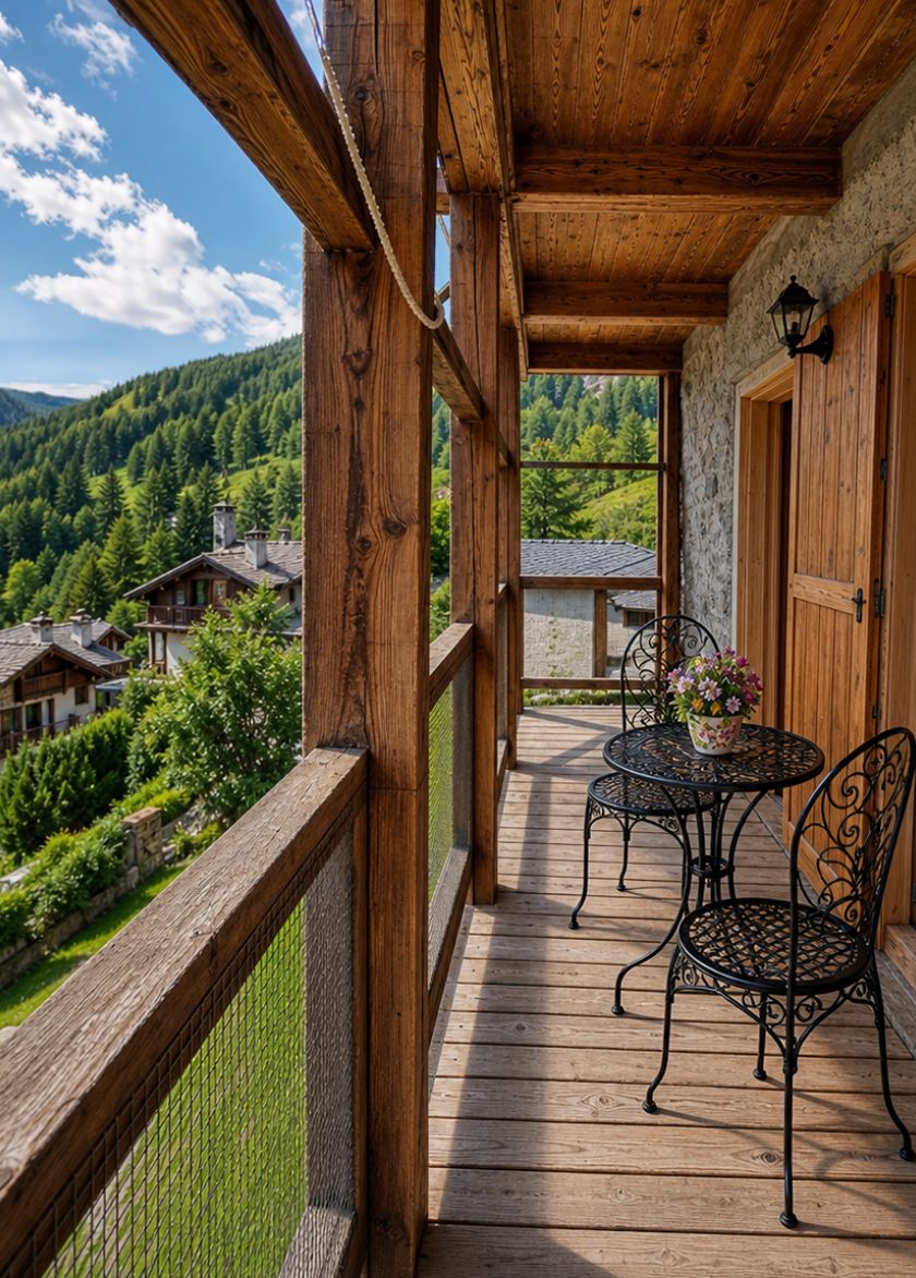 Holzbalkon des Chalet Royal mit Blick auf die Dolomiten und typische Häuser von Arabba, ideal für einen Bergurlaub.