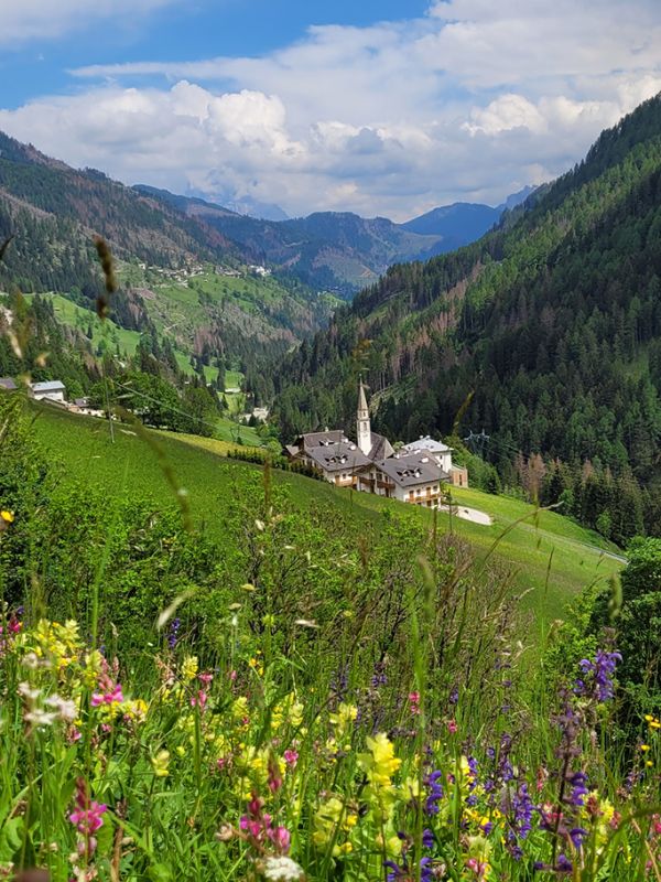 Panoramablick auf Arabba und die Dolomiten im Sommer, mit einer blühenden Wiese im Vordergrund und einem Alpendorf im Tal.